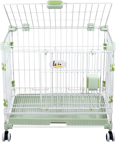 Metal foldable dog cage for small to medium dogs, 25&rdquo; Dog kennel with Open-top design, Lockable door, Slide-out tray, and Universal wheels, Indoor/Outdoor use, Easy to assemble, 64 cm (Green)