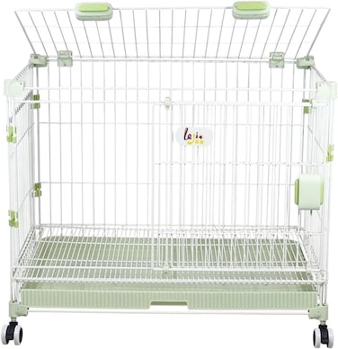 Metal foldable dog cage for medium to large dogs, 31&rdquo; Dog kennel with Open-top design, Lockable door, Slide-out tray, and Universal wheels, Indoor/Outdoor use, Easy to assemble, 81 cm (Green)