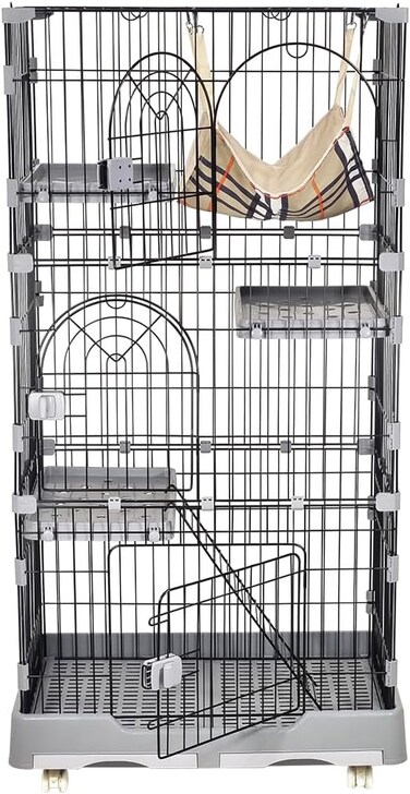 3-Tier cat cage for cats &amp; kittens, Large cat playpen with 3 Lockable doors, Cozy hammock, Climbing ladder, Slide-out tray, and Universal wheels, Ideal for indoor/outdoor use, 145 cm (Grey)