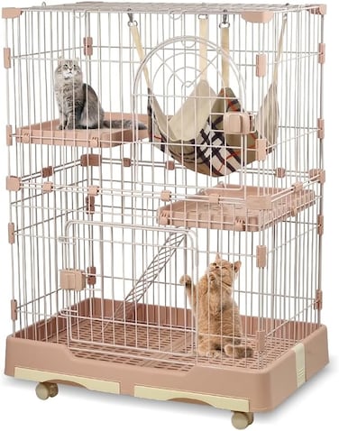 2-Tier cat cage for cats &amp; kittens, Large cat playpen with 2 Lockable doors, Cozy hammock, Climbing ladder, Slide-out tray, and Universal wheels, Ideal for indoor/outdoor use, 102 cm (Pink)