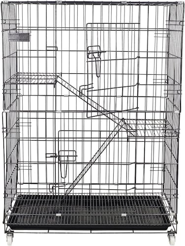 2-Tier cat cage for cat &amp; kittens, Heavy-duty foldable metal pet cage with 2-lockable Doors, Climbing ladders, Slide-out tray, and Universal wheels, Ideal for Indoor/Outdoor use, 104 cm (Black)