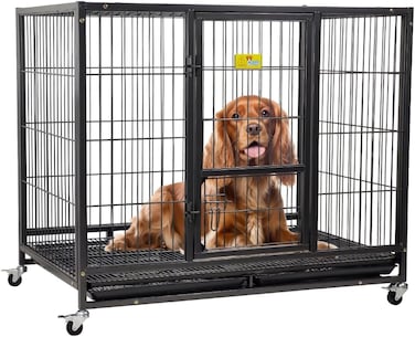 Sturdy metal Dog cage with Lockable door, Feeding door, Removable tray, and Universal wheels, Heavy-duty dog crate cage kennel for Medium to Large breeds, Easy to assemble, 110cm (Black)