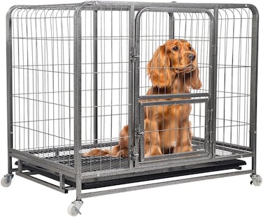 Sturdy metal dog cage for small to medium breeds, Heavy-duty dog crate cage with Open-top design, Feeding door, Slide-out tray, and Universal wheels, Ideal for indoor/outdoor use, 93cm (Silver)