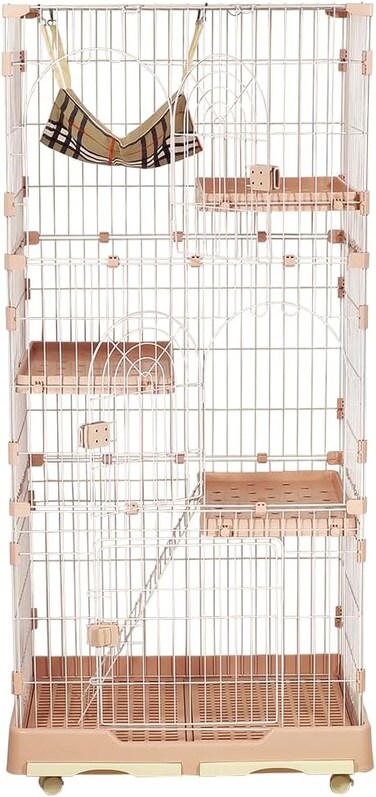 3-Tier cat cage with 3 Lockable doors, Cozy hammock, Climbing ladder, Slide-out trays, and Universal wheels, Sturdy metal wire cat cage for Indoor cats &amp; kittens, Easy to assemble, 175 cm (Pink)