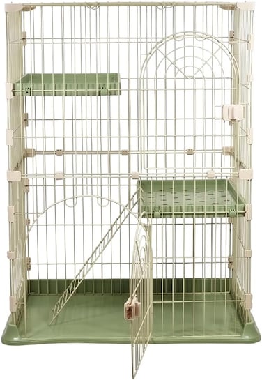 2-Tier metal cat cage for Cats &amp; Kittens, Spacious multi-level cat enclosure with 2 Lockable doors, Climbing ladder, and Leak-proof base, Cat cage for indoor/outdoor, Easy assembly, 108 cm (Green)