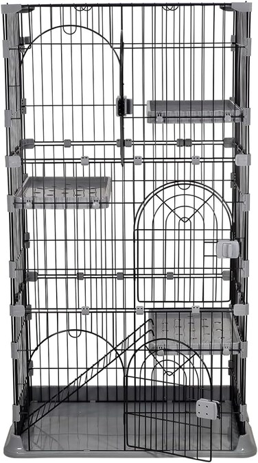 3-Tier cat cage for Multi-Cat households, Spacious multi-level cat enclosure with 3 Lockable doors, Climbing ladder, and Leak-proof base, Cat cage for indoor/outdoor, Easy assembly, 132 cm (Grey)