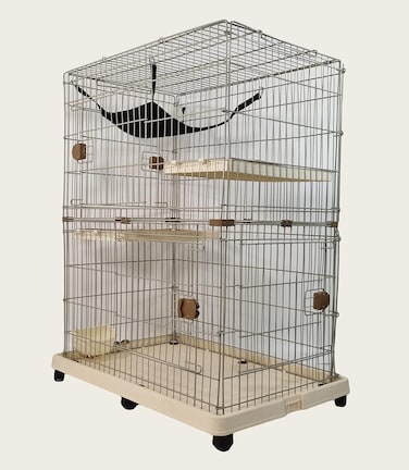 Cat cage for indoor cats, Multi-later 2 tier cat cage with Multiple lockable doors, Cozy hammock, Scratching mat, Climbing ladder, Feeding bowl, and Universal wheels, Easy assembly, 115 cm (Beige)