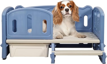 Plastic dog bed with Ladder, Slide-out box, and Anti-Slip Bottom, Water proof pet bed for Small &amp; medium Breeds, Suitable for All seasons, Indoor/Outdoor use, 82 cm (Blue)