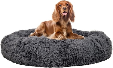 Fluffy faux fur donut dog bed with Plush Artificial long fur, Soft cotton, and Non-skid bottom, Anxiety-resistant donut pet bed for medium to large breeds, Soft pet bedding, 85 cm (Grey)