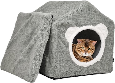 Cat house bed with Detachable design, Removable cushion, Durable zipper, and Anti-slip bottom, House-shaped cat shelter for Indoor cats &amp; kittens, Easy to assemble, 42 cm (Grey)