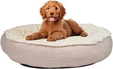 Round dog bed for Cats and small dogs, Cozy donut cuddler pet bed with Fluffy plush fabric, Durable cotton, and Anti-slip bottom, Ideal for Stress relief and Comfortable lounging, 55 cm (Pink)