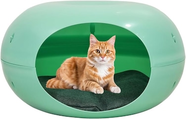 Semi-enclosed Donut cat bed with Durable PP plastic, Removable cushion, and Non-slip bottom, Foldable &amp; Detachable pet shelter for Indoor/Outdoor use, Easy to assemble, 50 cm (Green)