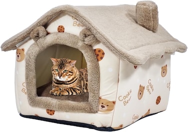 House-shape cat bed with Removable cushion, Foldable design, Soft PP material, and Non-skid bottom, Soft polyester pet house for cats and small dogs, Ideal for indoor/outdoor use, 45 cm (Brown)