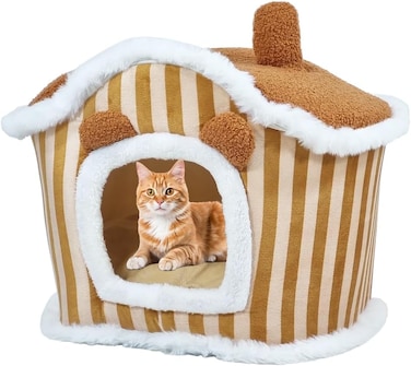 Cozy winter pet bed house with Removable cushion, Foldable design, Soft PP material, and Non-skid bottom, All-season house-shaped cat bed for Indoor cats &amp; small dogs, 55 cm (Brown)