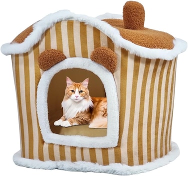 Cozy winter pet bed house with Removable cushion, Foldable design, Soft PP material, and Non-skid bottom, All-season house-shaped cat bed for medium to large cats, 60 cm (Brown)
