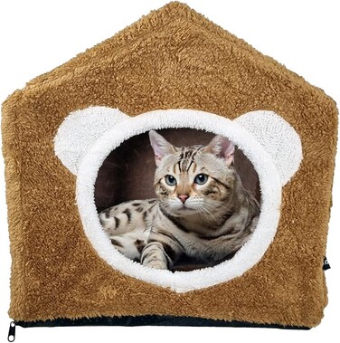 Cat house bed with Detachable design, Removable cushion, Durable zipper, and Anti-slip bottom, House-shaped cat shelter for Indoor cats &amp; kittens, Easy to assemble, 42 cm (Brown)