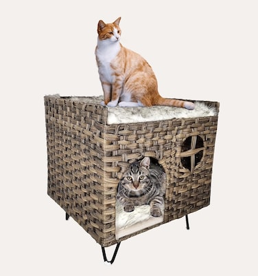 Handwoven rattan pet bed for Indoor cats, Dual-layer enclosed cat house with Soft plush cushions, Sturdy metal legs, and Anti-slip base, Breathable cozy hideaway, (52 cm)