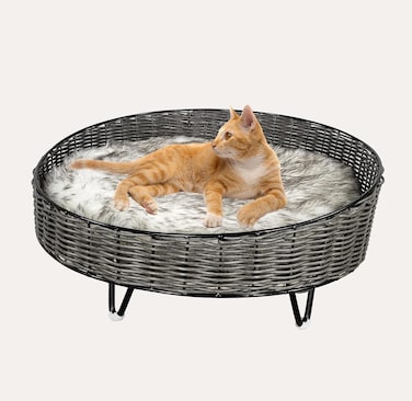 Handwoven rattan pet calming bed with Soft plush cushions, Sturdy metal frame, and Non-slip bottom, Round rattan basket cat bed for Indoor cats &amp; kittens, Ideal for indoor/outdoor use, 63cm (Black)