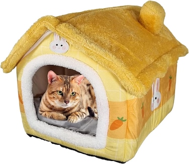 Cozy pet bed house for small to medium cats, House-shape cat bed with Removable cushion, Foldable design, Soft PP materials, and Anti-slip bottom, Easy to clean, 50 cm (Yellow)