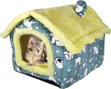 Cozy pet bed house for small to medium cats, House-shape cat bed with Removable cushion, Foldable design, Soft PP materials, and Anti-slip bottom, Easy to clean, 50 cm (Yellow &amp; Green)