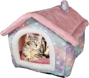 Cozy pet bed house for small to medium cats, House-shape cat bed with Removable cushion, Foldable design, Soft PP materials, and Anti-slip bottom, Easy to clean, 50 cm (Pink)