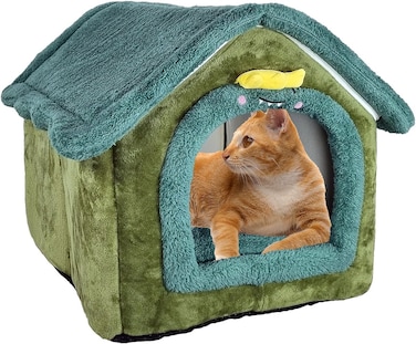 Cozy pet bed house for small to medium cats, House-shape cat bed with Removable cushion, Foldable design, Soft PP materials, and Anti-slip bottom, Easy to clean, 50 cm (Green)