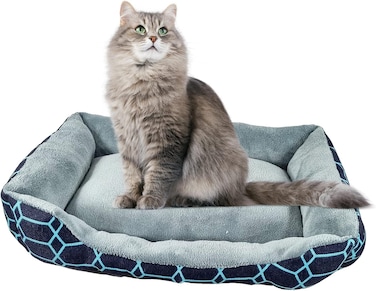 Dog bed for cats &amp; small dogs, Comfortable plush pet sofa bed with Raised edge for neck support, Handle design, and Non-slip design, Ideal for All seasons, Easy to clean, 48 cm (Blue)