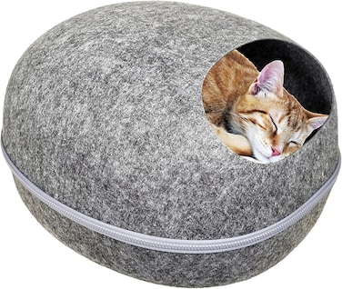 Semi-enclosed felt warm cat cave for Small/Medium/Large Indoor cats, All-season felt cat bed with Removable washable cushion, Ventilation holes, and Detachable design, 50 cm (Grey)