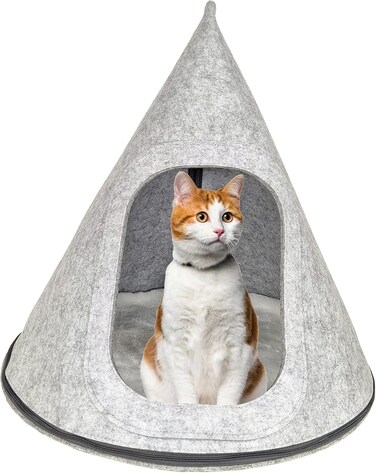 Triangle felt cat house bed with Removable washable fleece cushion and Detachable design, Interactive cat tent cone for Indoor cats &amp; kittens, Charming pet house, Easy to assemble, 58 cm (Grey)