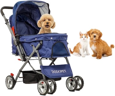 Foldable pet stroller for cats &amp; dogs, Lightweight dog stroller with Ventilation mesh, Ergonomic handlebar, Storage basket, and Universal wheels, Ideal for Vet visit and Shopping, 92 cm (Blue)