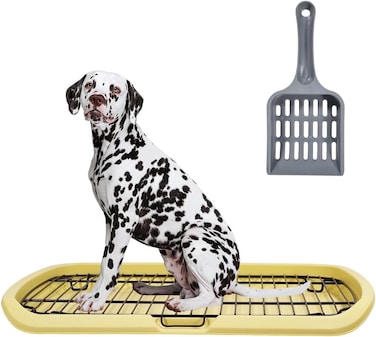 Dog toilet training with Barrier grid, Splash-proof design, Carrying handle, and Litter scoop, Large stainless steel dog toilet for All-sized breeds, Ideal for indoor/outdoor use, 65 cm (Yellow)