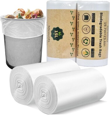 50 Counts Biodegradable trash bags for Living room, Office, Bathroom, and Kitchen use, Disposable waste bags with 15L Large capacity, Leak-proof design, and Break-point design 2 Pcs (White)
