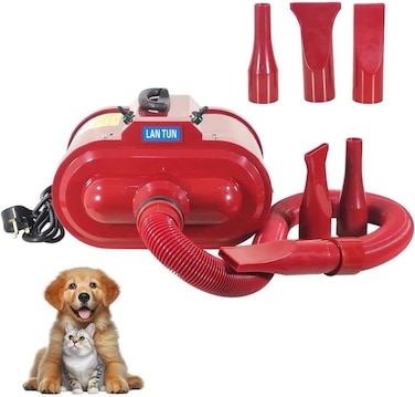 Pet hair dryer for cats &amp; dogs, Low-Noise pet dryer with 3-Styling Nozzles, Temperature adjustment, ABS Material, and Portable Handle, Quick drying &amp; Gentle grooming, 240V (Red)