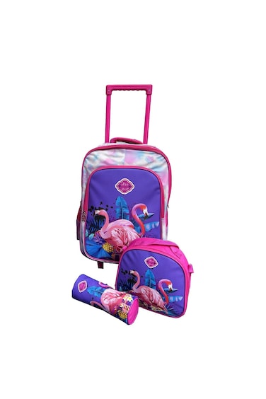 3 Pieces Cartoon-Printed School Trolley Bag for Kids (16 &amp; 18 Inch) with Lunch Bag and Pencil Pouch Included (Pink Blue Flamingo, 16 Inch)