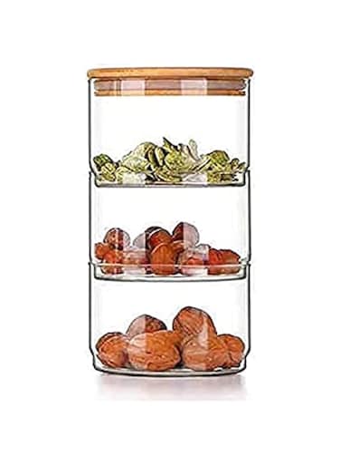 Lushh 3 Layer Glass Food Storage Jar with Airtight Bamboo Lid, Borosilicate Containers for Kitchen, Stackable Pasta, Tea, Coffee, Cookies, Snacks