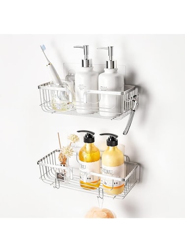 YOHOM Bathroom Shelves Shower Caddy Shower Basket Shampoo Shower Gel Holder Bathroom Organizer Storage Adhesive Kitchen Rack Wall with Hooks for Razor and Sponge Stainless Steel No Drilling (silver)