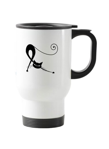 Cartoon Cat Printed Travel Mug White 13centimeter