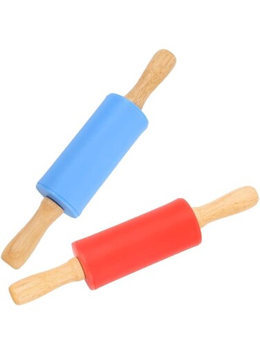 KASTWAVE Mini Rolling Pin Set, 9 Inch Kids Wooden Handle Rolling Pin, Non-Stick Silicone Rolling Pins for Home Kitchen Children Cake (Blue+Red)