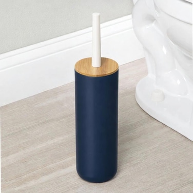 Plastic Toilet Bowl Brush/Bamboo Lid Cover - 2 Piece Set; Bathroom Storage Organizer Holder; Decor Bathroom Accessories - Dark blue