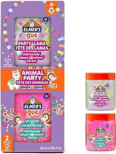 ELMER&#39;S GUE Pre Made Slime   Animal Party Variety Pack   Colourful Crunchy Slime   236.5ml   2 Count, Assorted