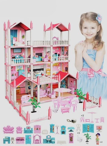 Large 4 Floor Castle Dollhouse Playset with 14 Rooms, Furniture &amp; Accessories princess Pretend Play House for Kids