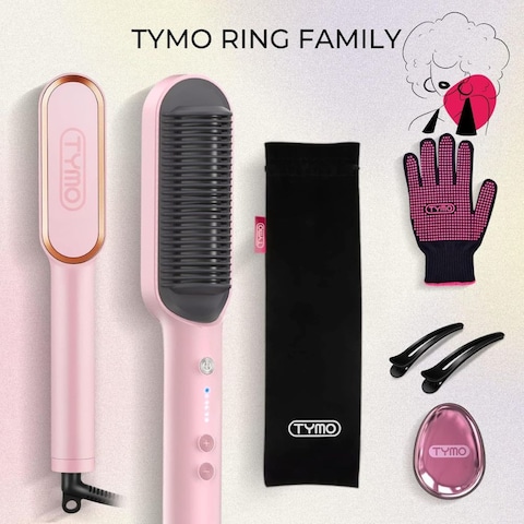 TYMO HC100 Hair Straightener Brush with Built-in Comb, 5 Temp Settings Pink