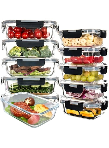 MOSYCLE Glass Meal Prep Containers (10 pcs Rectangle) - Glass Food Storage Containers with Lids, Glass Lunch Box, Portion Control, Airtight, Glass Bento Box Lunch Containers- 10P Rectangle Black