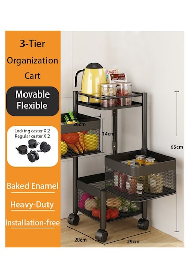 Multi-Layer Kitchen Storage Rack Rotatable Kitchen Shelf 3 Movable Wheels for Fruits, Vegetables, and Household Items Black