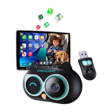 محوّل Ottocast Cabin Care اللاسلكي لـ CarPlay مع كاميرا مراقبة المقعد الخلفي للأطفال، ترقية CarPlay بنظام Plug & Play، كاميرا 1080P بزاوية واسعة، متوافق مع السيارات المزودة بـ CarPlay الأصلي