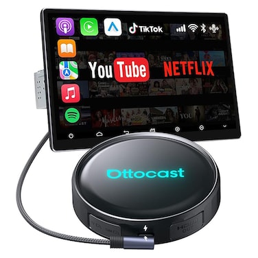 OTTOCAST جهاز P3 Pro CarPlay AI Box اللاسلكي، محول 3 في 1 لـ CarPlay وAndroid Auto مع نظام Android 13، مخرج HDMI، ذاكرة RAM بسعة 8 جيجابايت، تخزين 128 جيجابايت، ودعم تقسيم الشاشة للسيارات السلكية