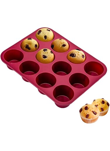 Baoly 12 Cups Jumbo Silicone Muffin Pan, Nonstick Cupcake Pan for Large Muffins and Cupcakes, BPA Free Baking Accessory Silicone Mold, Dark Red