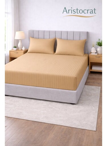 3-Piece Striped Microfiber Fitted Sheet Set Super King 200x200cm &acirc;&euro;&ldquo; Soft Elastic Deep Pocket 17cm Bedsheet with 2 Pillowcases 50x70cm, Beige Microfiber Beige 200x200+17cm