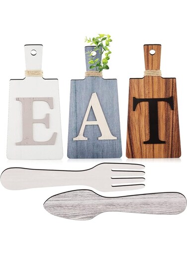 bpa Cutting Board Eat Sign Set Hanging Art Kitchen Eat Sign Fork and Spoon Wall Decor Rustic Primitive Country Farmhouse Kitchen Decor for Kitchen and Home Decoration ()