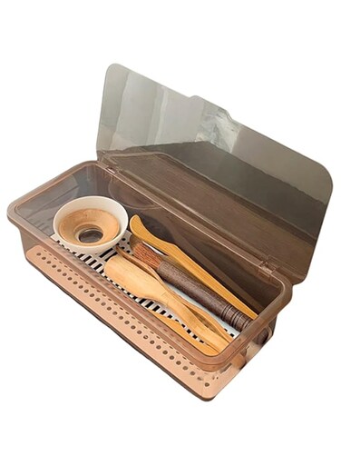 Tazweeq Transparent Tea Storage Box, Desktop Dustproof with Lid, Put Kung Fu Tea Cups Fitted, Tea Bowl Teapot Stackable Storage Shelf (Brown)